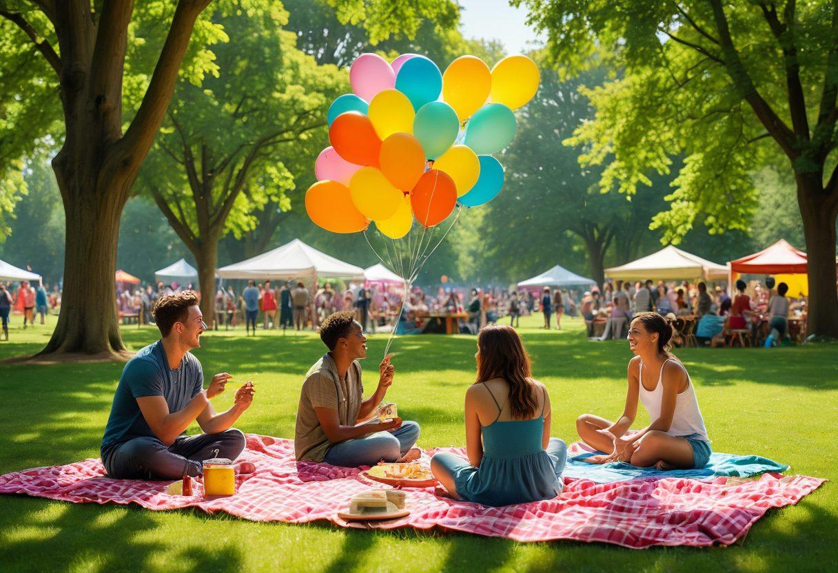 A vibrant scene depicting a diverse group of people engaged in joyful activities together, such as sharing stories, laughing, and connecting in a sunny, green park. Include elements like colorful banners, balloons, and picnic setups to evoke a sense of community and happiness, with a warm, inviting atmosphere. super-realistic. vibrant colors. cheerful and uplifting.