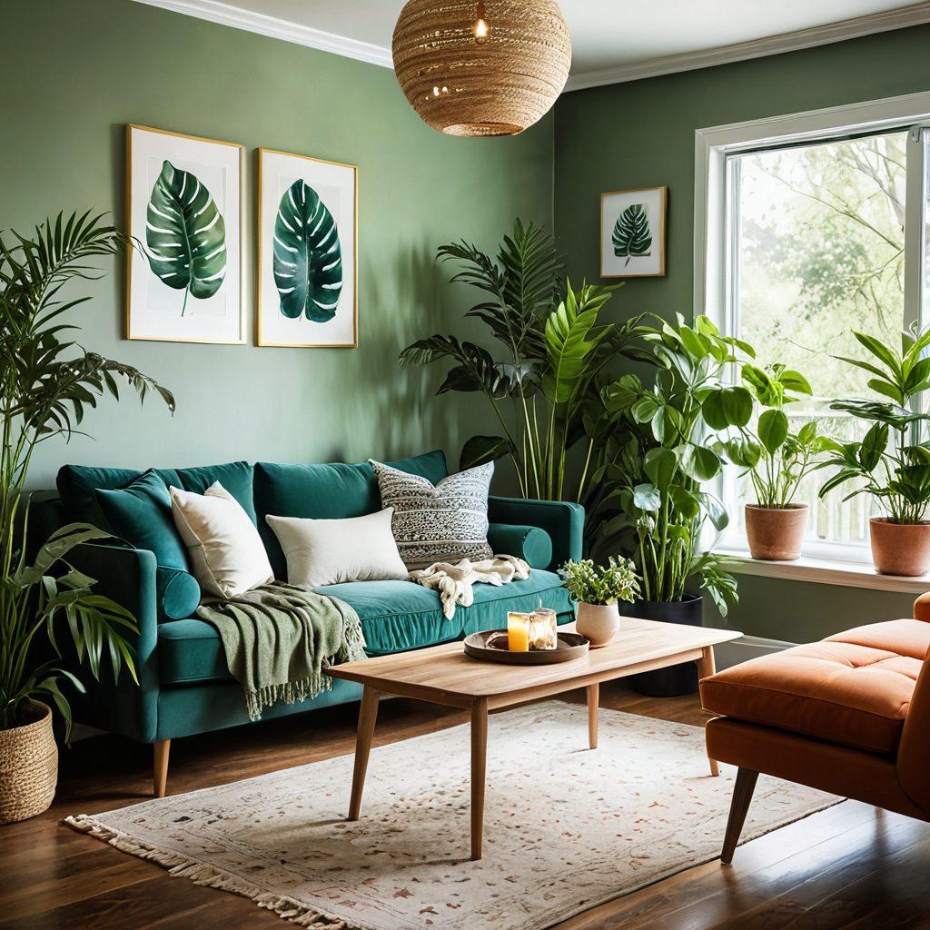 A serene room bathed in soft, warm light with comfortable seating, plants, and a cozy atmosphere. Include individuals of diverse backgrounds sharing joyful laughter around a beautifully set table, showcasing connection and camaraderie. Add touches of vibrant colors through art and cushions to enhance the blissful ambiance. soft focus. vibrant colors. super-realistic.