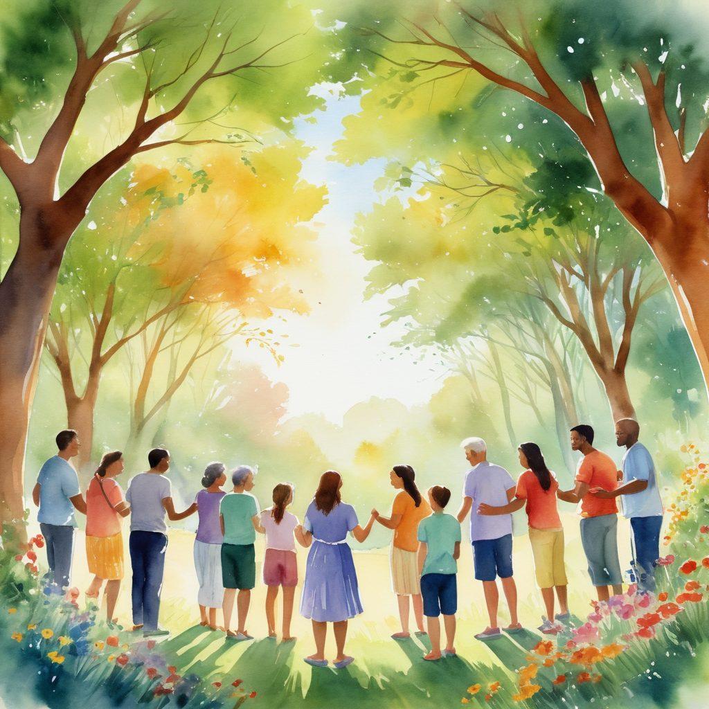 A serene scene with diverse people of varying ages and backgrounds coming together in a circle, sharing smiles and supportive gestures. Soft rays of sunshine filtering through lush green trees, symbolizing hope and positivity. Include elements like colorful flowers and peaceful nature, reflecting mental well-being. A subtle rainbow arching in the background to emphasize optimism. watercolor painting. warm colors. uplifting atmosphere.